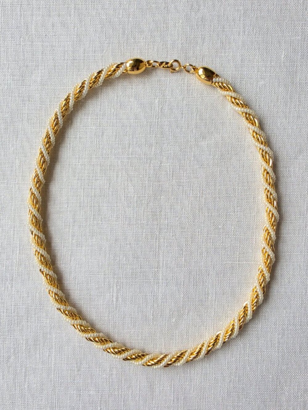 Vintage Trifari Choker Necklace Gold Tone Chain Faux Seed Pearl Twisted Rope 16"